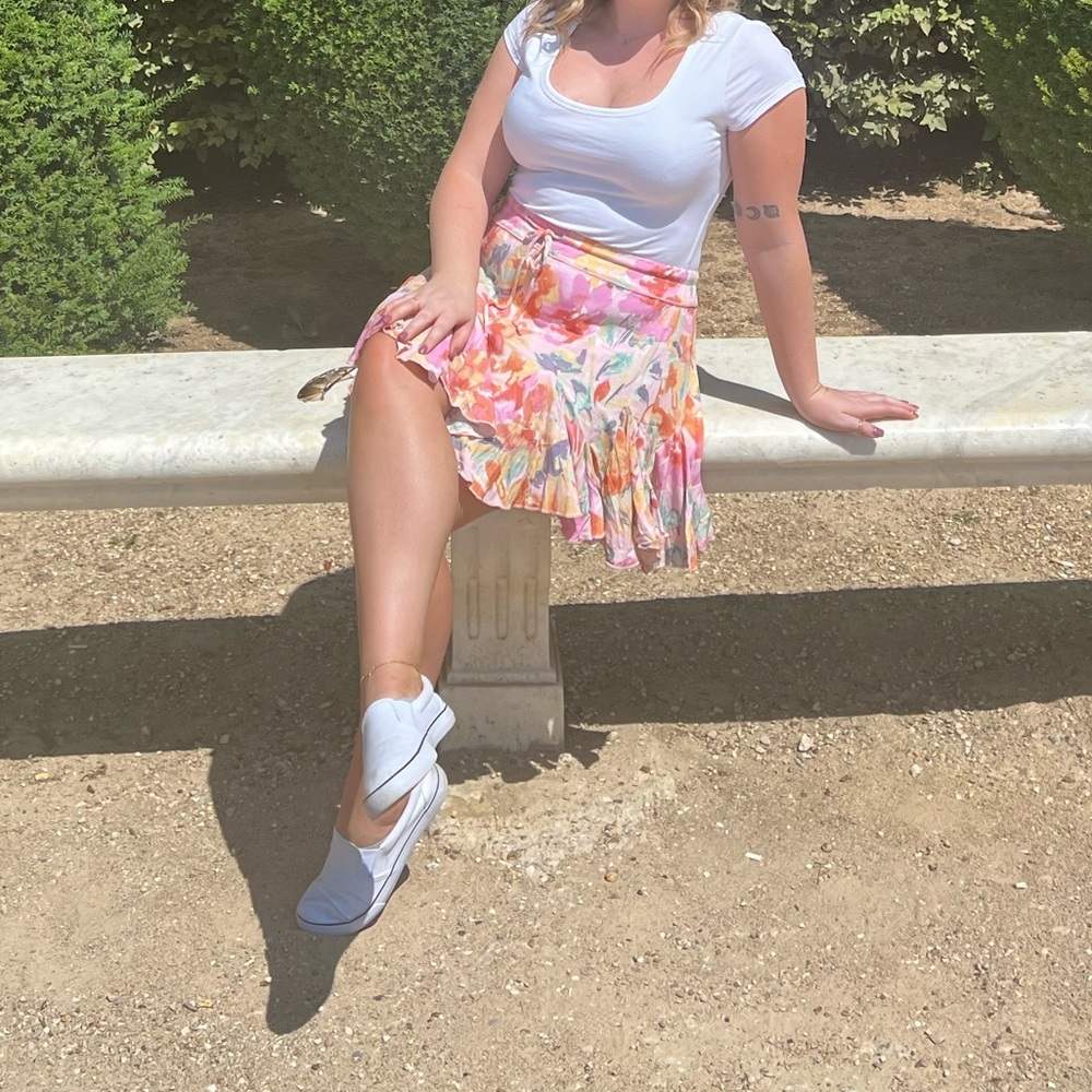 Olivaceous Asymmetrical Floral Skirt - Pink and Orange